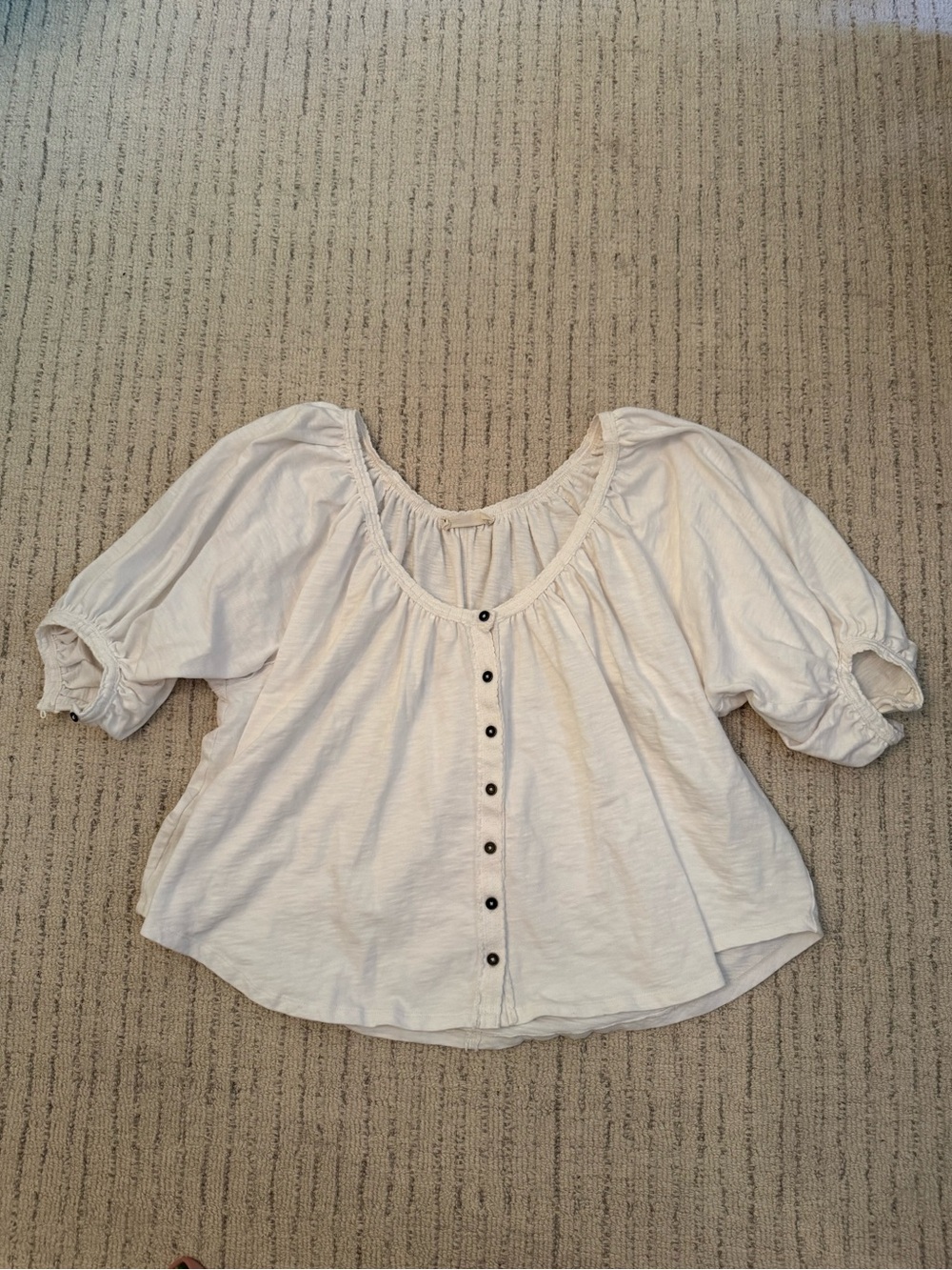 Free People Cream Button-Front Puff Sleeve Knit Top